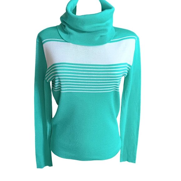 Large Vintage 70's Green White Striped Turtleneck Sweater Acrylic Wool Blend Mom - Picture 2 of 7